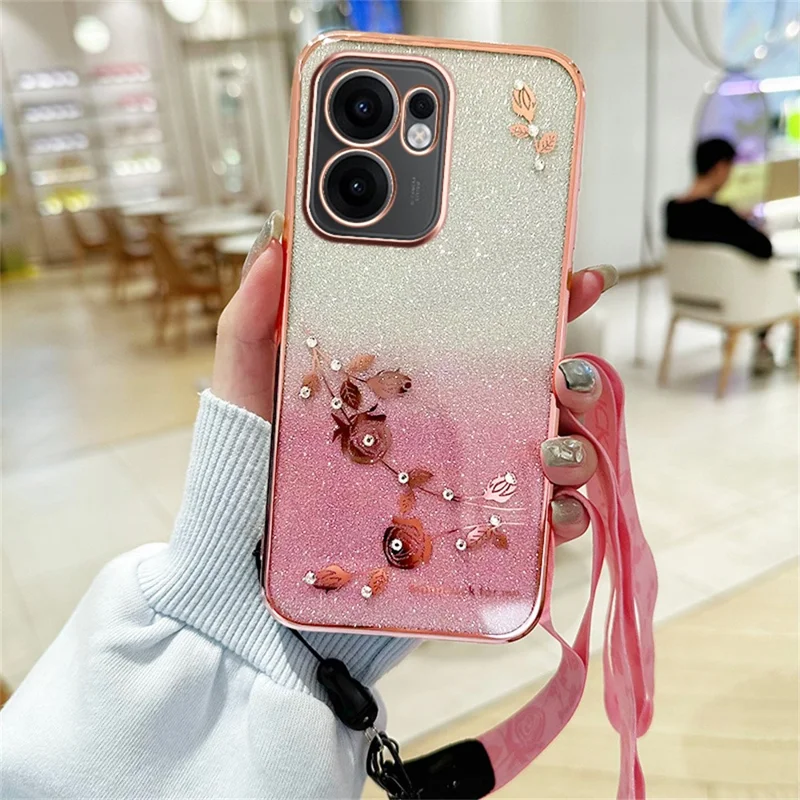 KADEM For Oppo Reno13 F 5G Case Flower Pattern TPU Gradient Phone Cover with Lanyards - Rose Gold