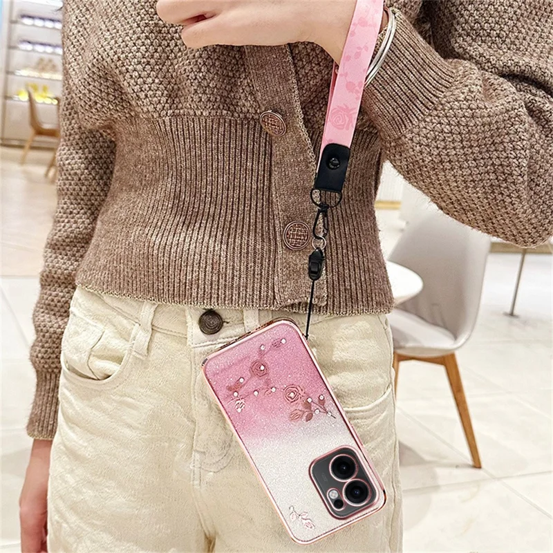 KADEM For Oppo Reno13 F 5G Case Flower Pattern TPU Gradient Phone Cover with Lanyards - Rose Gold