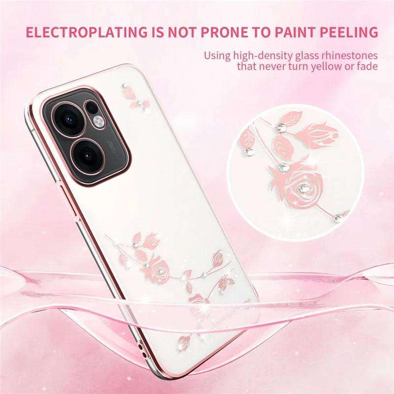 KADEM Чехол для Oppo Reno13 F 5G, декор из цветов и страз, электрохромное покрытие из ТПУ - Розовое золото
