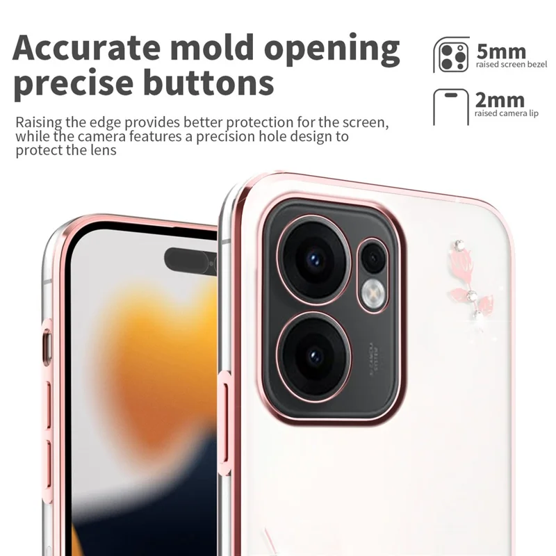 KADEM Чехол для Oppo Reno13 F 5G, декор из цветов и страз, электрохромное покрытие из ТПУ - Розовое золото