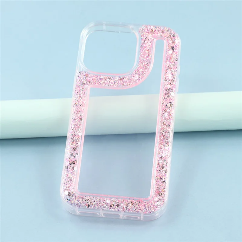 For iPhone 16 Pro Max Case Glitter Epoxy Soft TPU Clear Back Cover - Pink