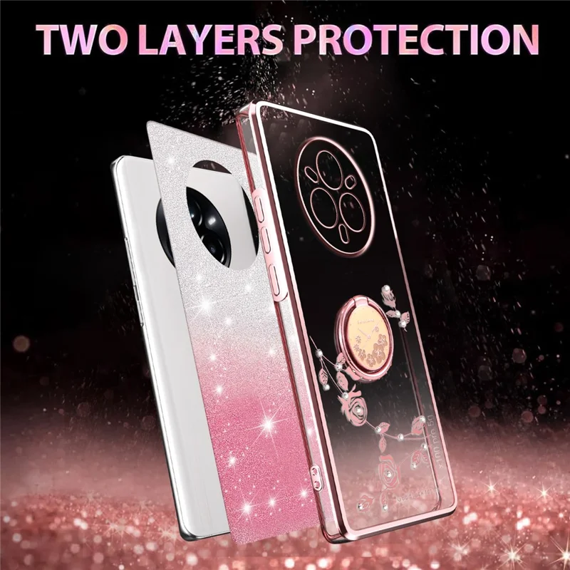 KADEM Pour Realme 14 Pro 5G Étui avec Anneau Support TPU Fleurs Coque de Téléphone Dégradé Pailleté - Rose