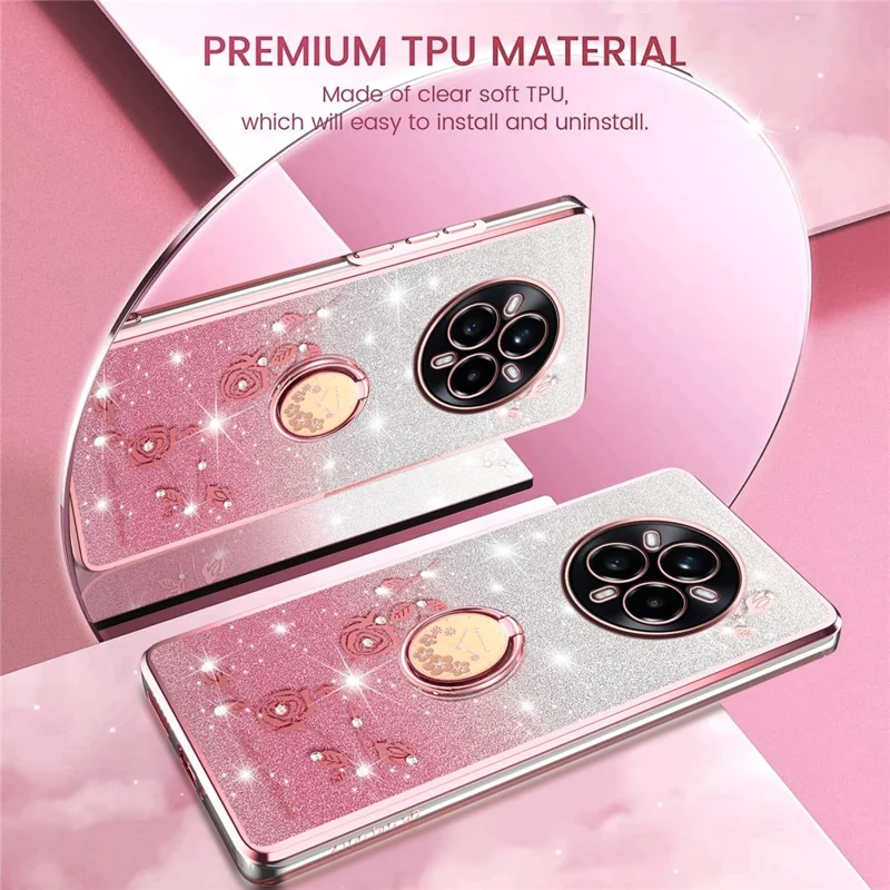 KADEM Pour Realme 14 Pro 5G Étui avec Anneau Support TPU Fleurs Coque de Téléphone Dégradé Pailleté - Rose