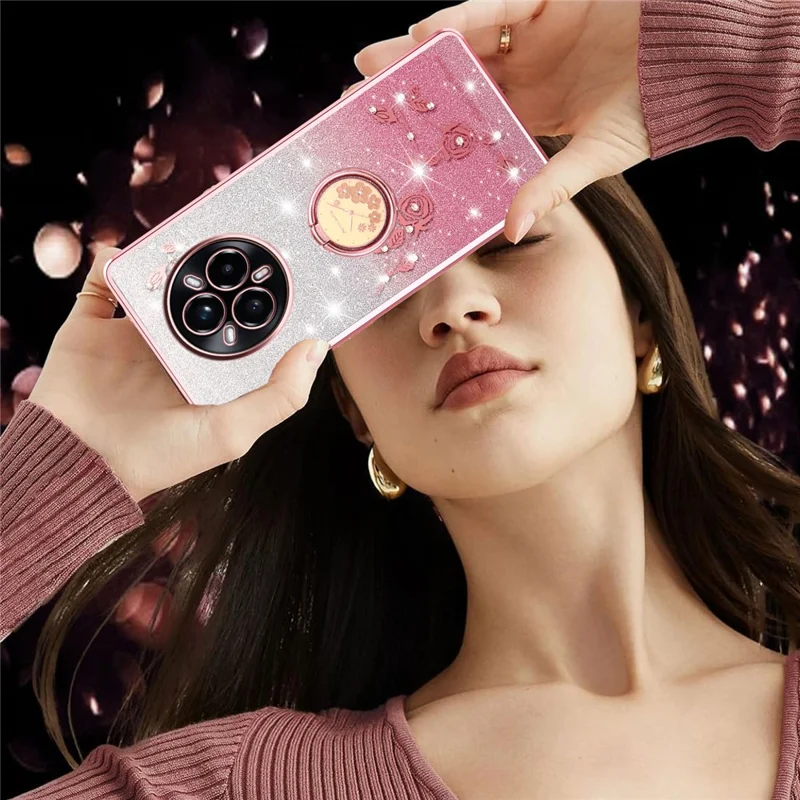 KADEM Pour Realme 14 Pro 5G Étui avec Anneau Support TPU Fleurs Coque de Téléphone Dégradé Pailleté - Rose