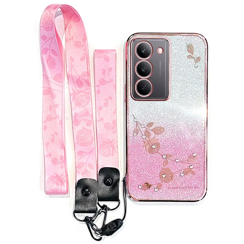 KADEM For Realme 14x 5G Case Flower Pattern TPU Gradient Phone Cover with Lanyards - Rose Gold