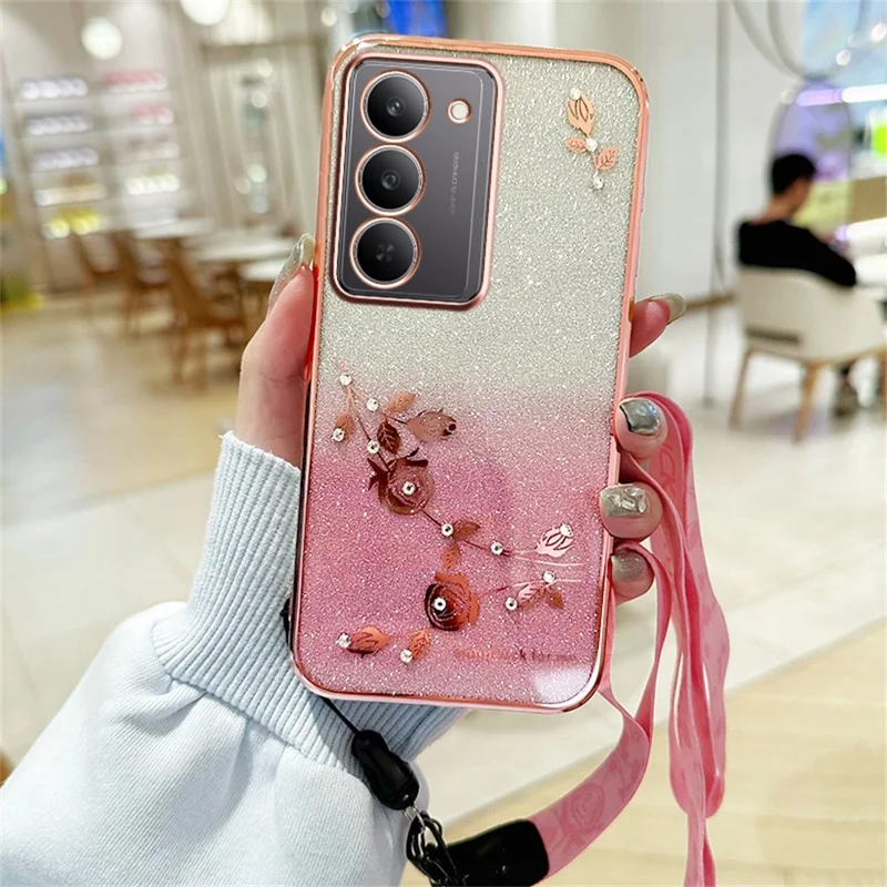 KADEM For Realme 14x 5G Case Flower Pattern TPU Gradient Phone Cover with Lanyards - Rose Gold