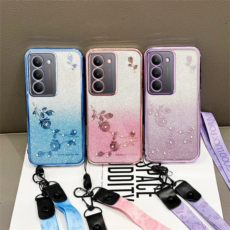 KADEM For Realme 14x 5G Case Flower Pattern TPU Gradient Phone Cover with Lanyards - Rose Gold