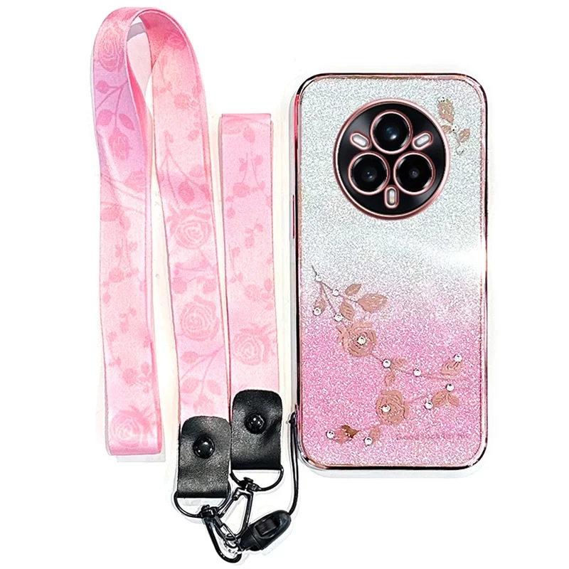 KADEM For Realme 14 Pro 5G Case Flower Pattern TPU Gradient Phone Cover with Lanyards - Rose Gold