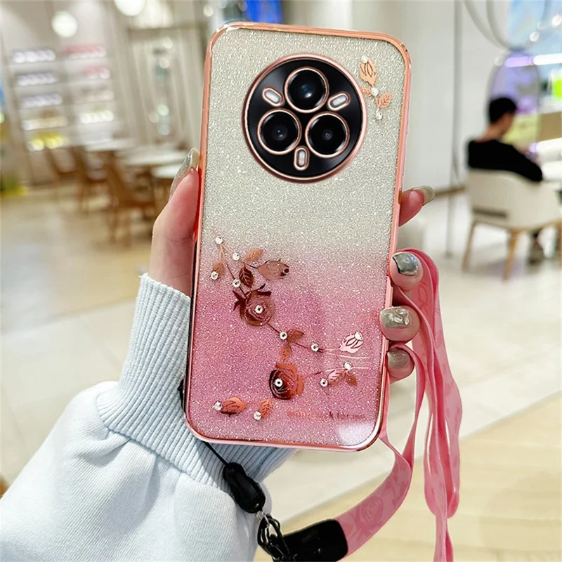 KADEM For Realme 14 Pro 5G Case Flower Pattern TPU Gradient Phone Cover with Lanyards - Rose Gold
