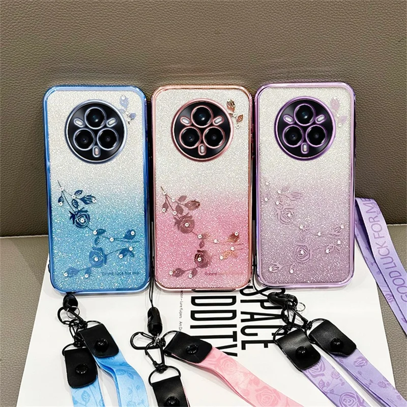 KADEM For Realme 14 Pro 5G Case Flower Pattern TPU Gradient Phone Cover with Lanyards - Rose Gold