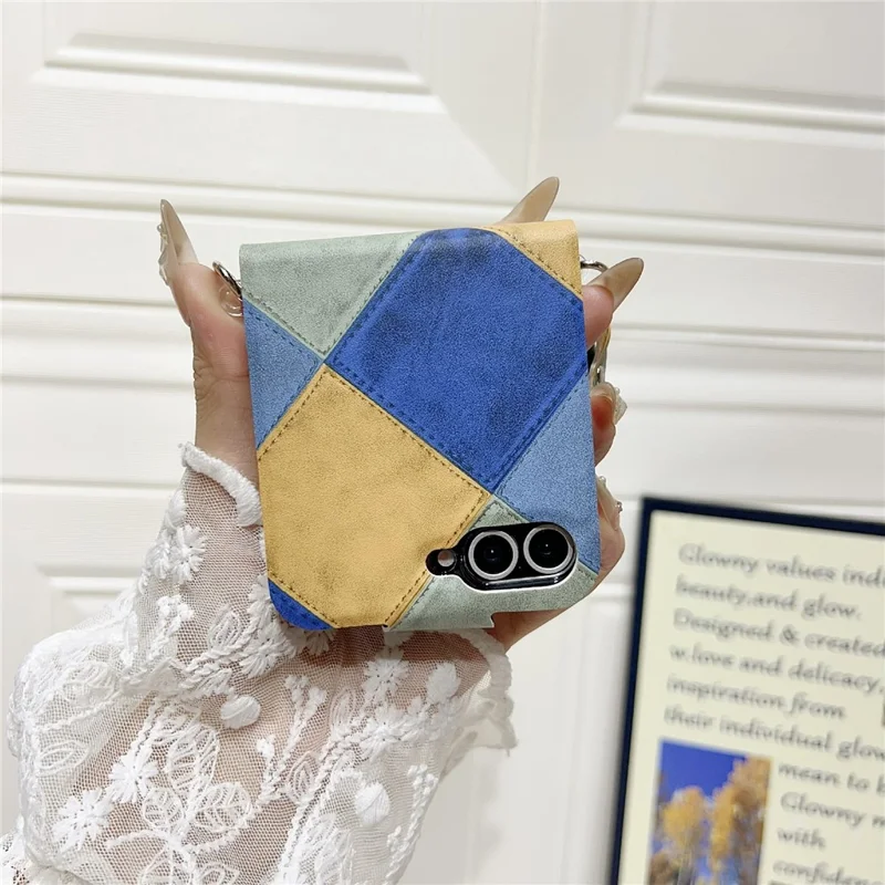 For Samsung Galaxy Z Flip5 5G Case Retro Rhombus Cat Claw Clasp PU + PC Phone Cover with Strap - Blue  /  Yellow