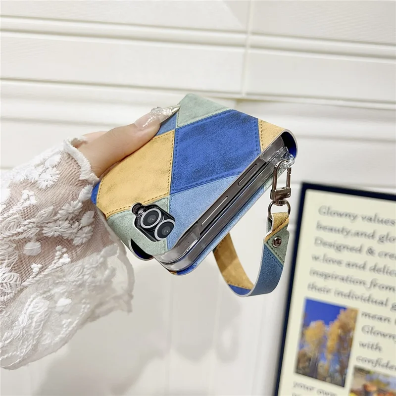 For Samsung Galaxy Z Flip5 5G Case Retro Rhombus Cat Claw Clasp PU + PC Phone Cover with Strap - Blue  /  Yellow