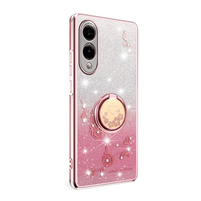 KADEM Pour Coque Samsung Galaxy S25 Edge avec Bague Support et Béquille en TPU Fleurs Housse de Téléphone Dégradé Pailleté - Rose