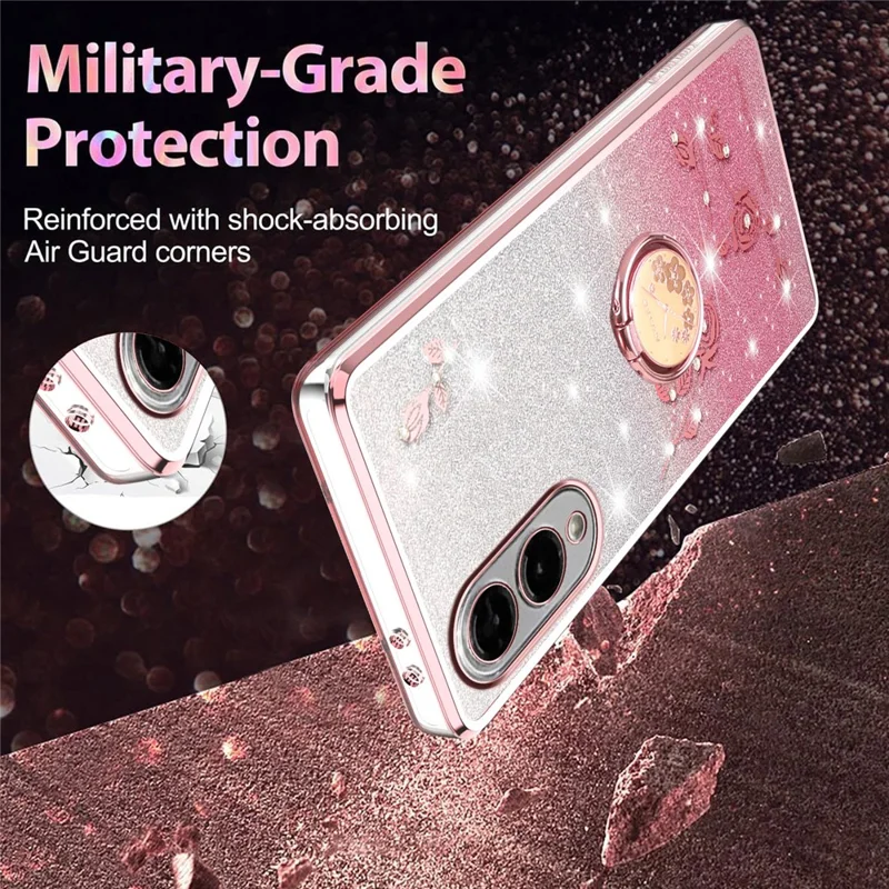 KADEM Pour Coque Samsung Galaxy S25 Edge avec Bague Support et Béquille en TPU Fleurs Housse de Téléphone Dégradé Pailleté - Rose