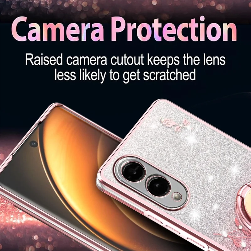KADEM Pour Coque Samsung Galaxy S25 Edge avec Bague Support et Béquille en TPU Fleurs Housse de Téléphone Dégradé Pailleté - Rose
