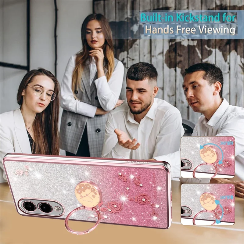 KADEM Pour Coque Samsung Galaxy S25 Edge avec Bague Support et Béquille en TPU Fleurs Housse de Téléphone Dégradé Pailleté - Rose