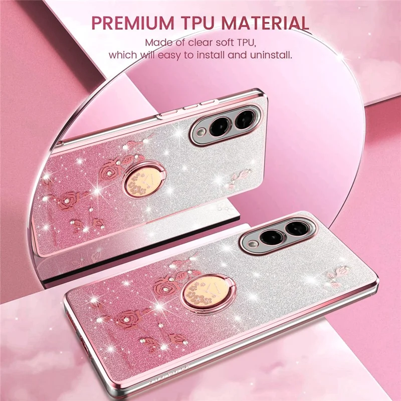 KADEM Pour Coque Samsung Galaxy S25 Edge avec Bague Support et Béquille en TPU Fleurs Housse de Téléphone Dégradé Pailleté - Rose