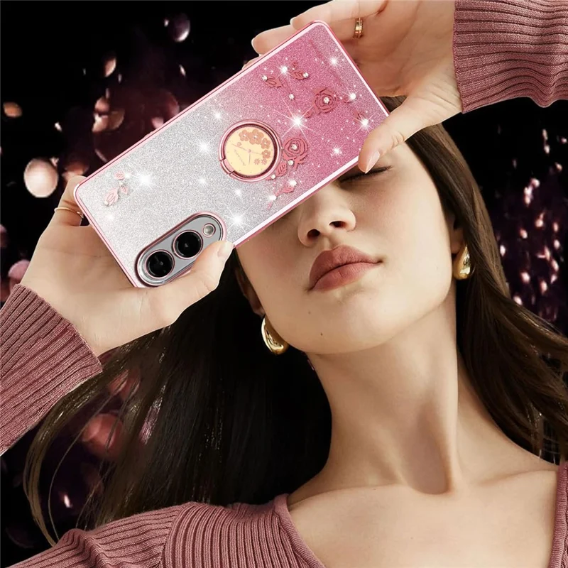 KADEM Pour Coque Samsung Galaxy S25 Edge avec Bague Support et Béquille en TPU Fleurs Housse de Téléphone Dégradé Pailleté - Rose
