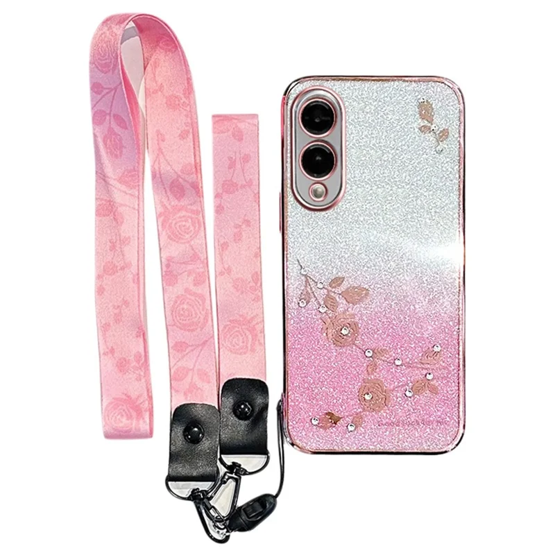 KADEM For Samsung Galaxy S25 Edge Case Flower Pattern TPU Gradient Phone Cover with Lanyards - Rose Gold