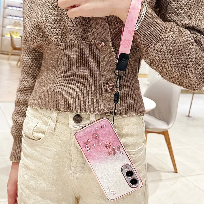 KADEM For Samsung Galaxy S25 Edge Case Flower Pattern TPU Gradient Phone Cover with Lanyards - Rose Gold