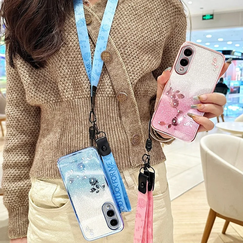 KADEM For Samsung Galaxy S25 Edge Case Flower Pattern TPU Gradient Phone Cover with Lanyards - Rose Gold