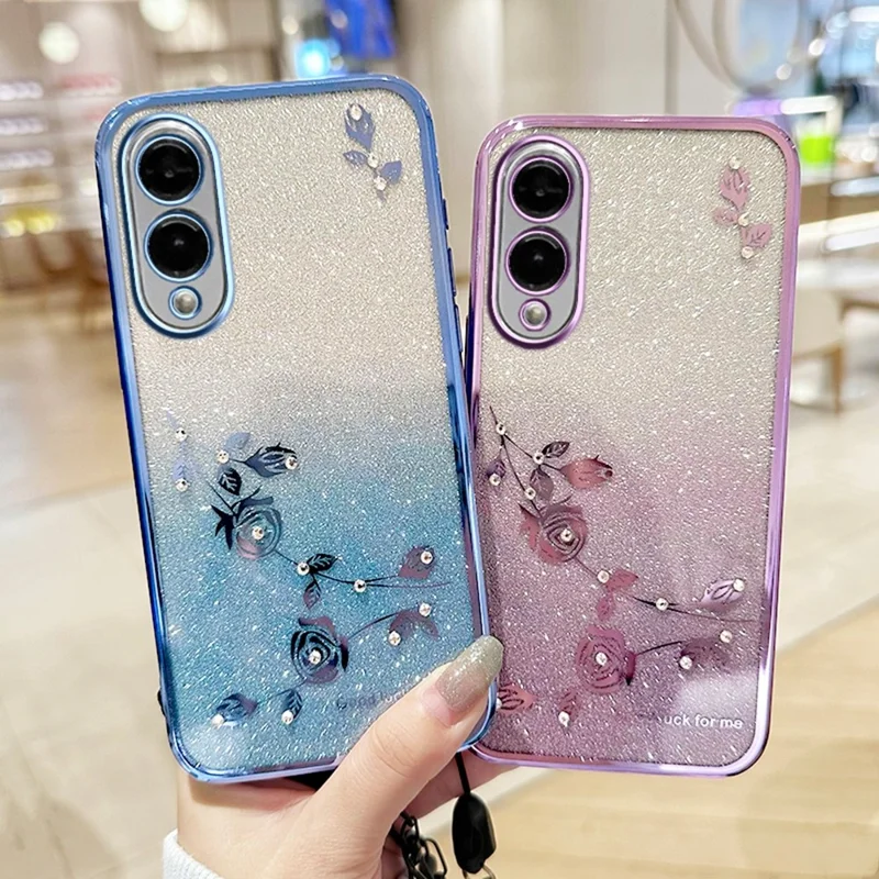 KADEM For Samsung Galaxy S25 Edge Case Flower Pattern TPU Gradient Phone Cover with Lanyards - Rose Gold