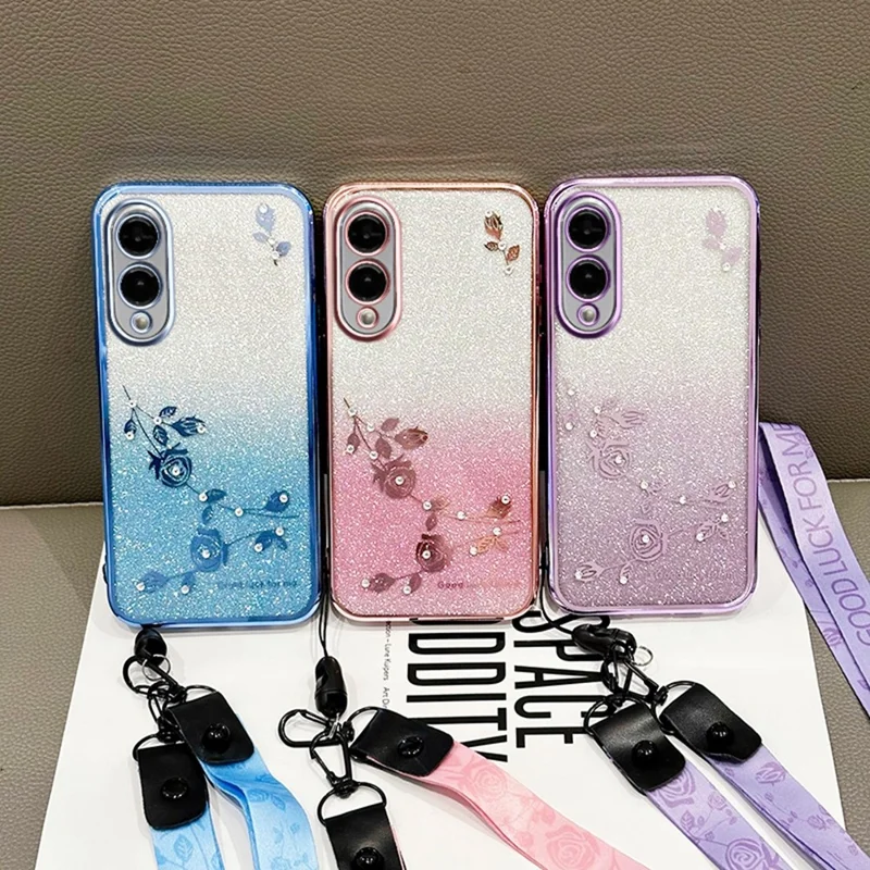KADEM For Samsung Galaxy S25 Edge Case Flower Pattern TPU Gradient Phone Cover with Lanyards - Rose Gold