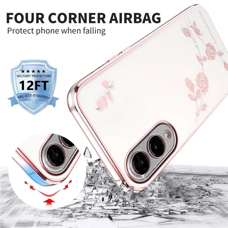 KADEM Para Samsung Galaxy S25 Edge Capa com Decoração de Flores e Strass em TPU com Acabamento Galvanizado - Ouro Rosa