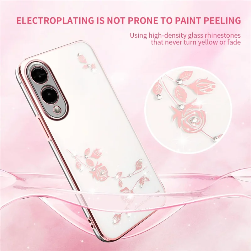 KADEM Para Samsung Galaxy S25 Edge Capa com Decoração de Flores e Strass em TPU com Acabamento Galvanizado - Ouro Rosa