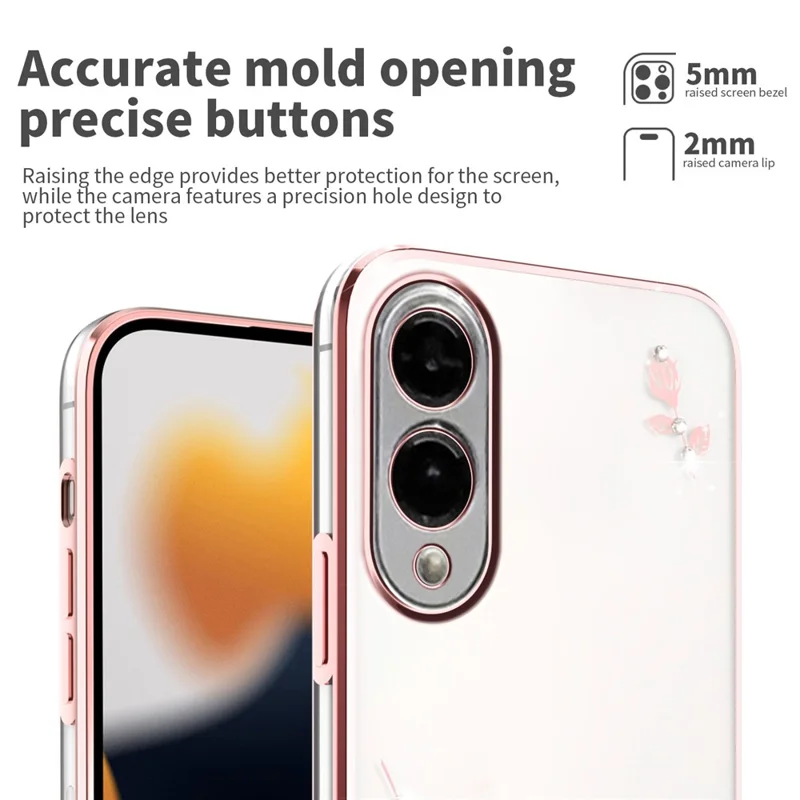 KADEM Para Samsung Galaxy S25 Edge Capa com Decoração de Flores e Strass em TPU com Acabamento Galvanizado - Ouro Rosa