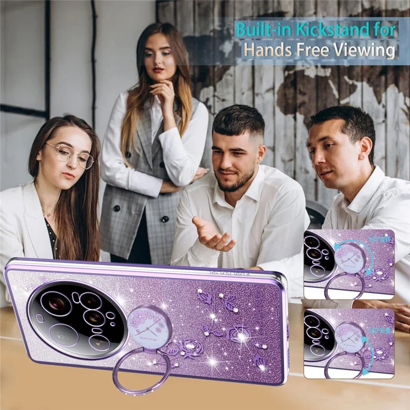 KADEM Pour Xiaomi 15 Ultra Étui avec Anneau Support TPU Fleurs Coque de Téléphone Dégradé Pailleté - Violet