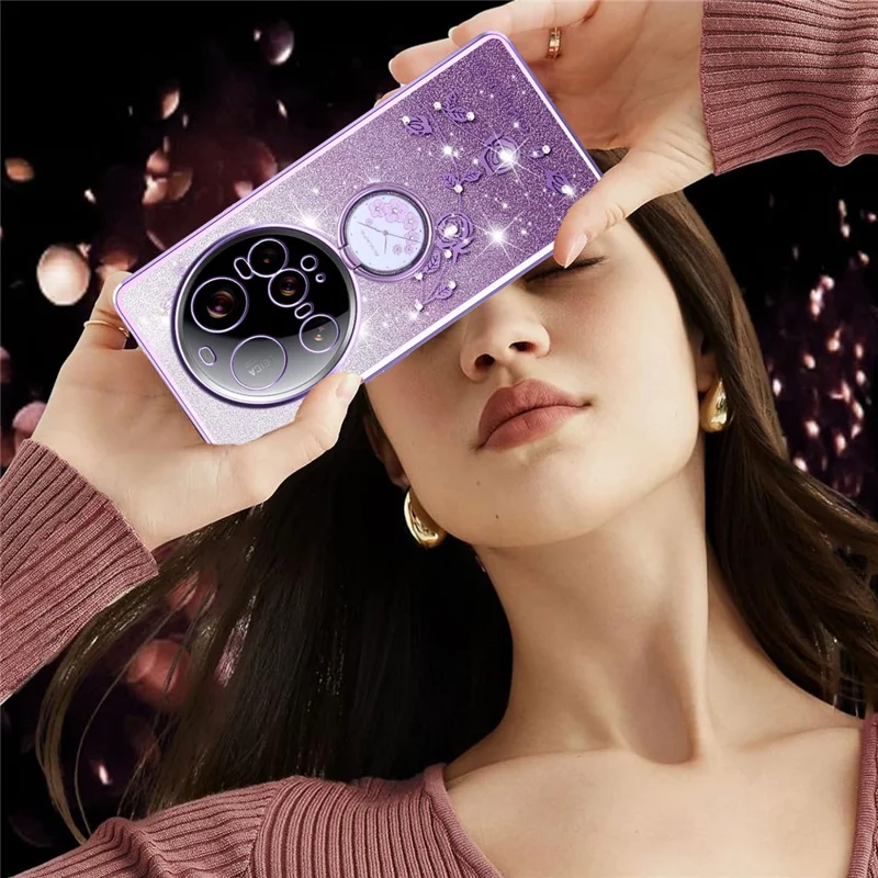 KADEM Pour Xiaomi 15 Ultra Étui avec Anneau Support TPU Fleurs Coque de Téléphone Dégradé Pailleté - Violet