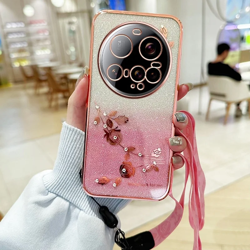 KADEM For Xiaomi 15 Ultra Case Flower Pattern TPU Gradient Phone Cover with Lanyards - Rose Gold