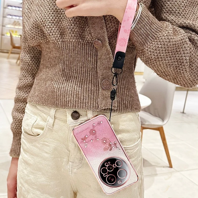 KADEM For Xiaomi 15 Ultra Case Flower Pattern TPU Gradient Phone Cover with Lanyards - Rose Gold