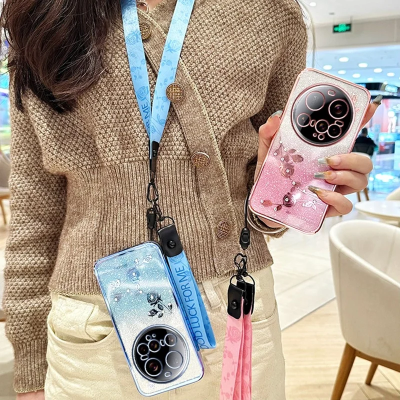 KADEM For Xiaomi 15 Ultra Case Flower Pattern TPU Gradient Phone Cover with Lanyards - Rose Gold