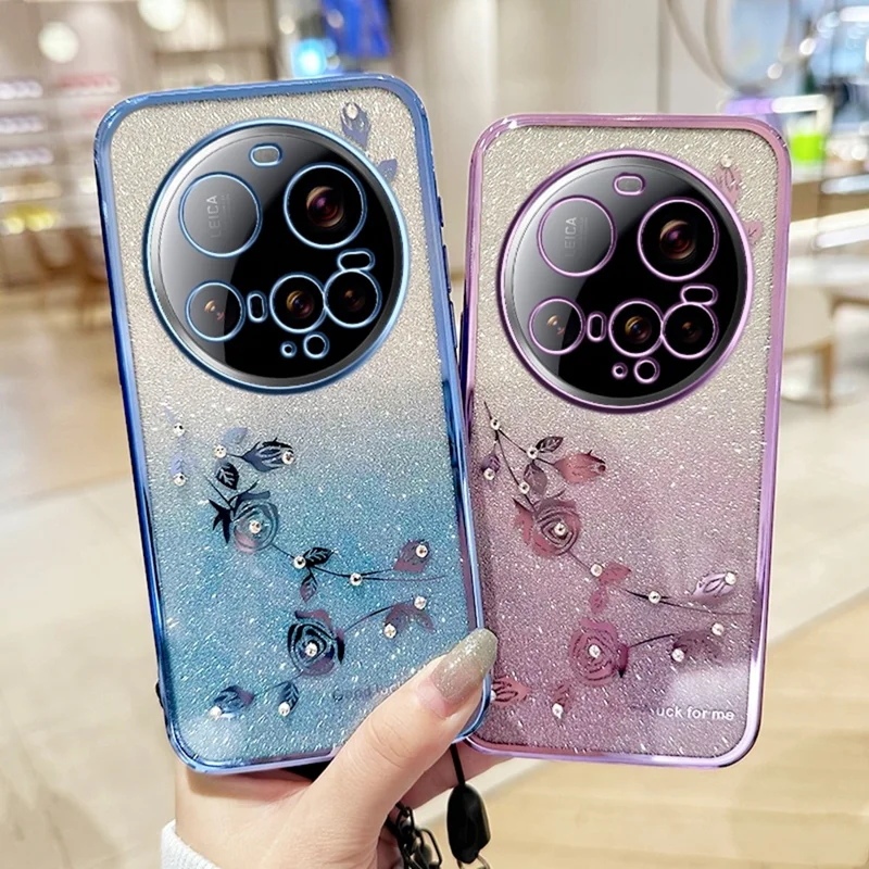 KADEM For Xiaomi 15 Ultra Case Flower Pattern TPU Gradient Phone Cover with Lanyards - Rose Gold