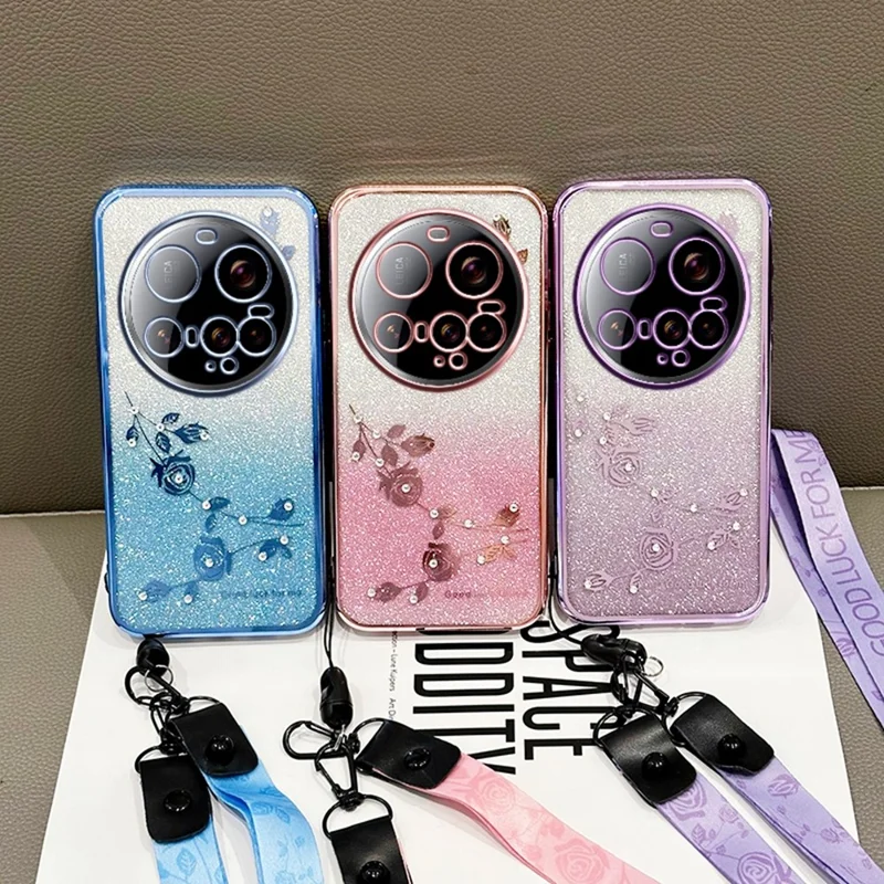 KADEM For Xiaomi 15 Ultra Case Flower Pattern TPU Gradient Phone Cover with Lanyards - Rose Gold