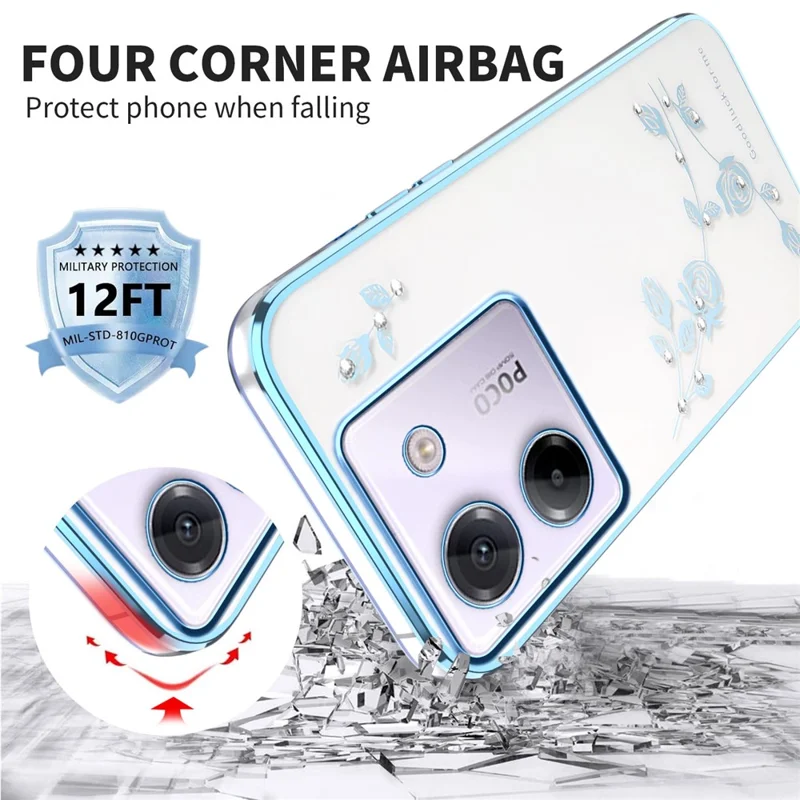 KADEM Pour Xiaomi Poco M7 Pro 5G Étui à Fleurs avec Strass et Décoration Électrolytique en TPU - Bleu