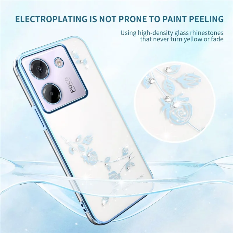 KADEM Pour Xiaomi Poco M7 Pro 5G Étui à Fleurs avec Strass et Décoration Électrolytique en TPU - Bleu