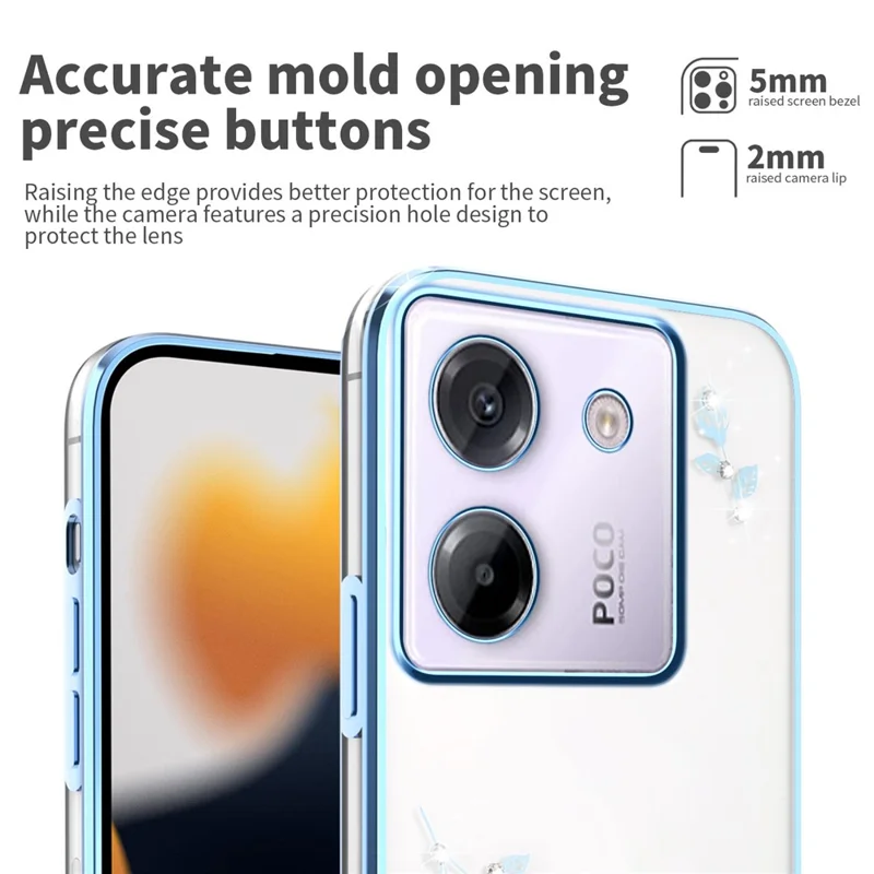 KADEM Pour Xiaomi Poco M7 Pro 5G Étui à Fleurs avec Strass et Décoration Électrolytique en TPU - Bleu