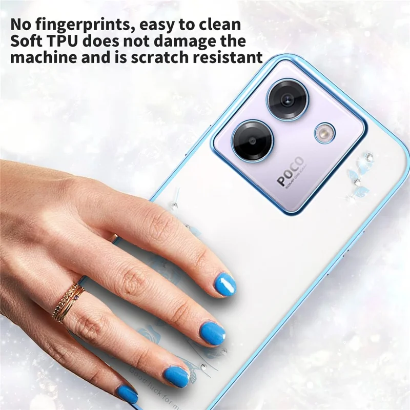 KADEM Pour Xiaomi Poco M7 Pro 5G Étui à Fleurs avec Strass et Décoration Électrolytique en TPU - Bleu