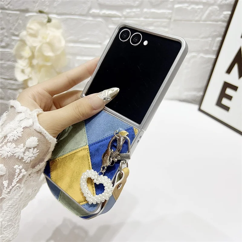 Для Samsung Galaxy Z Flip7 5G чехол Ретро ромб PU + PC чехол для телефона с подвеской в виде сердца и ремешком - синий / желтый