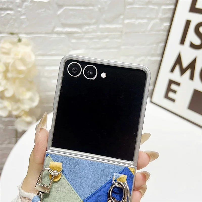 Для Samsung Galaxy Z Flip7 5G чехол Ретро ромб PU + PC чехол для телефона с подвеской в виде сердца и ремешком - синий / желтый