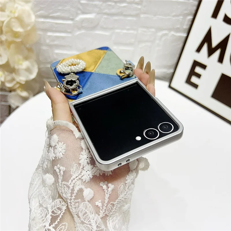 Для Samsung Galaxy Z Flip7 5G чехол Ретро ромб PU + PC чехол для телефона с подвеской в виде сердца и ремешком - синий / желтый