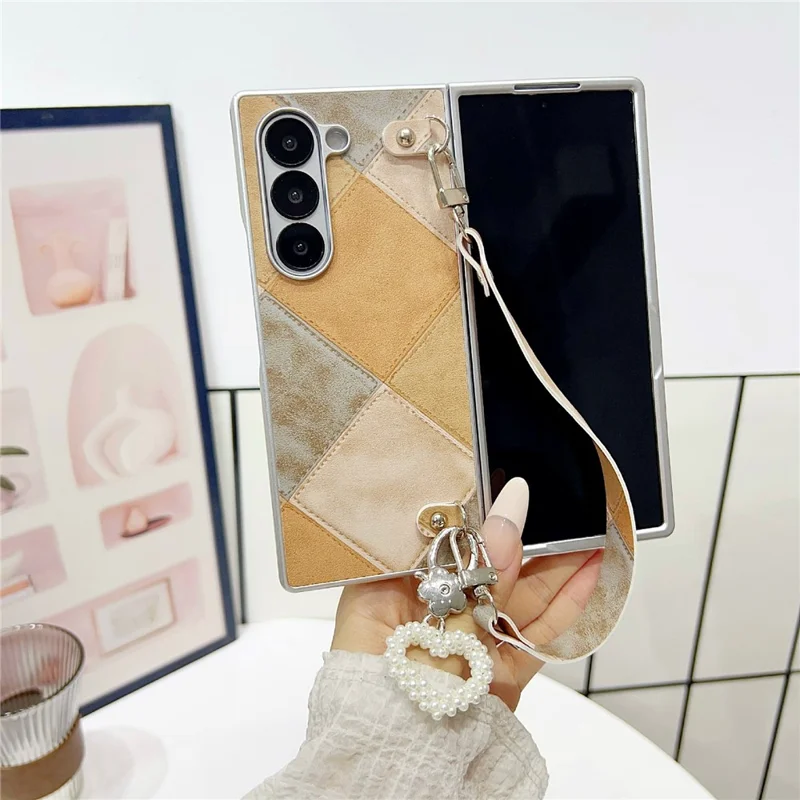 Чехол для Samsung Galaxy Z Fold6 5G в стиле ретро с ромбовидным узором (PU + PC) с подвеской в форме сердца и ремешком - Хаки