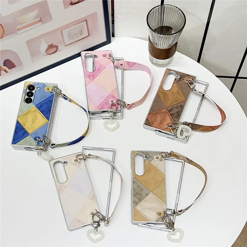 Чехол для Samsung Galaxy Z Fold6 5G в стиле ретро с ромбовидным узором (PU + PC) с подвеской в форме сердца и ремешком - Хаки