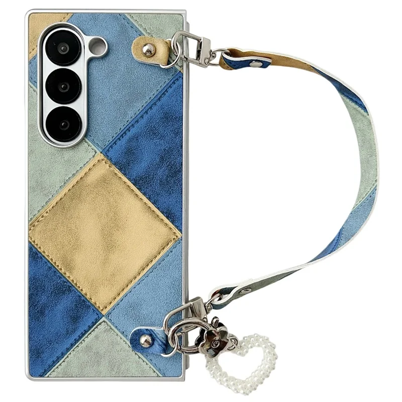 Für Samsung Galaxy Z Fold6 5G Hülle Retro Rauten PU + PC Handyhülle mit Liebes-Anhänger und Trageband - Blau / Gelb