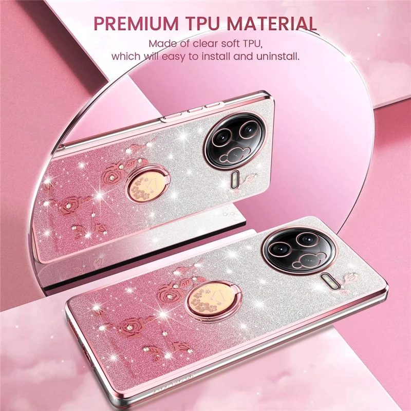 Чехол KADEM для Xiaomi Poco F7 Ultra 5G / Redmi K80 Pro 5G с кольцом-подставкой, из ТПУ с цветами и градиентным блеском - Розовый