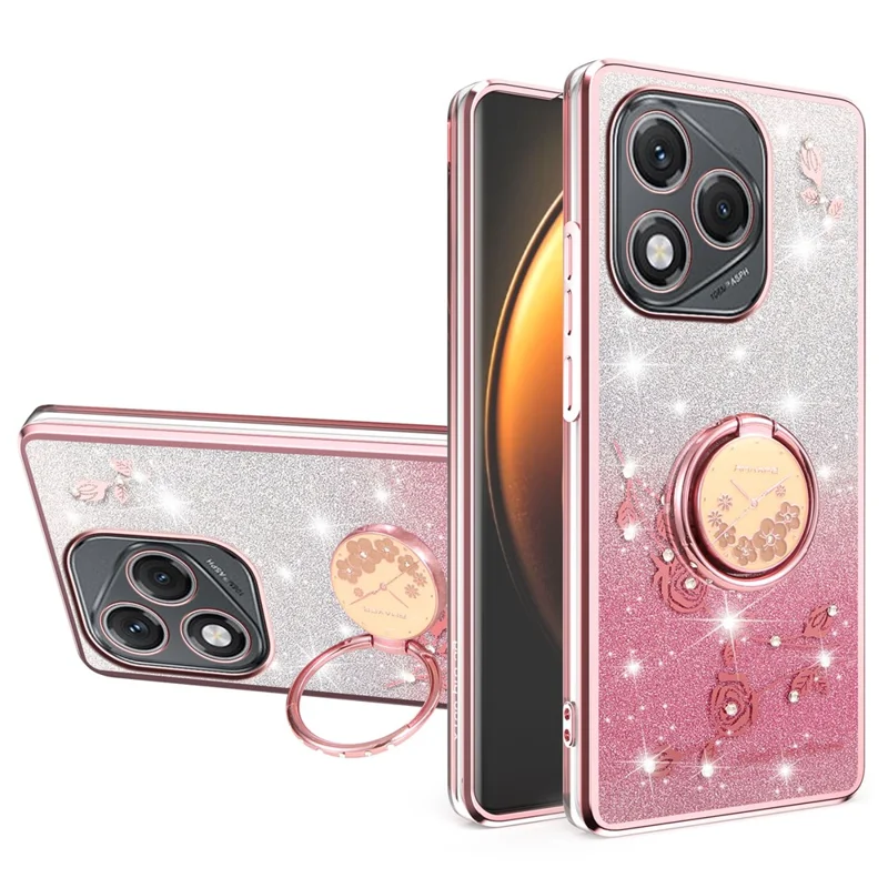 KADEM For Honor 400 Lite 5G Case Ring Kickstand TPU Flowers Phone Cover Gradient Glitter - Pink