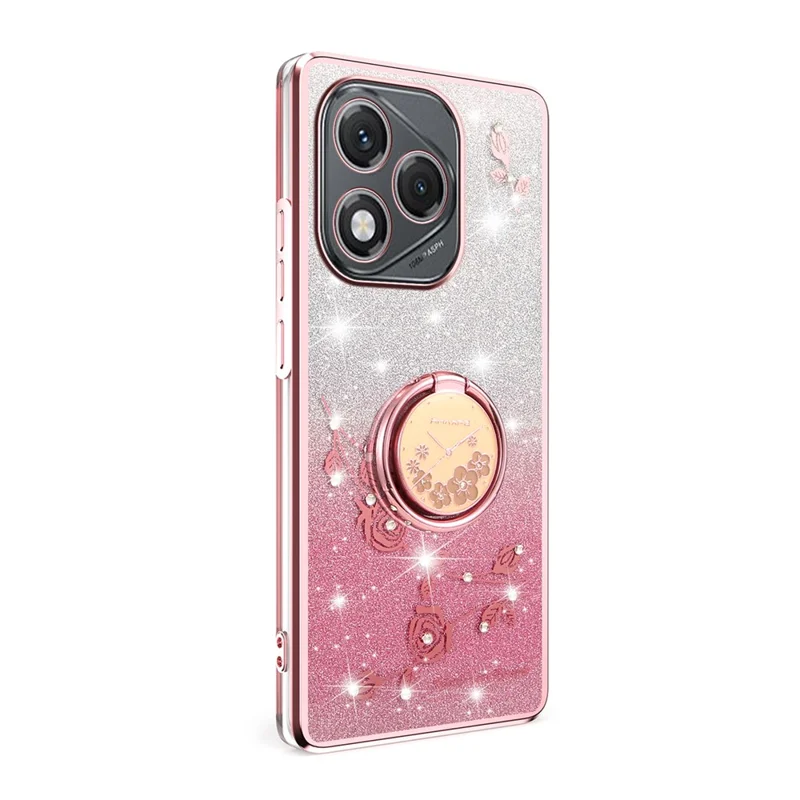KADEM For Honor 400 Lite 5G Case Ring Kickstand TPU Flowers Phone Cover Gradient Glitter - Pink